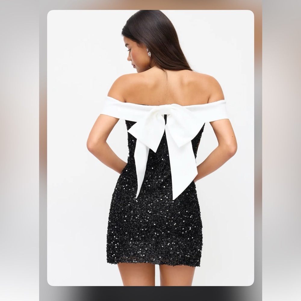 Cider SEQUIN OFF-SHOULDER SOLID BOWKNOT MINI DRES… - image 4